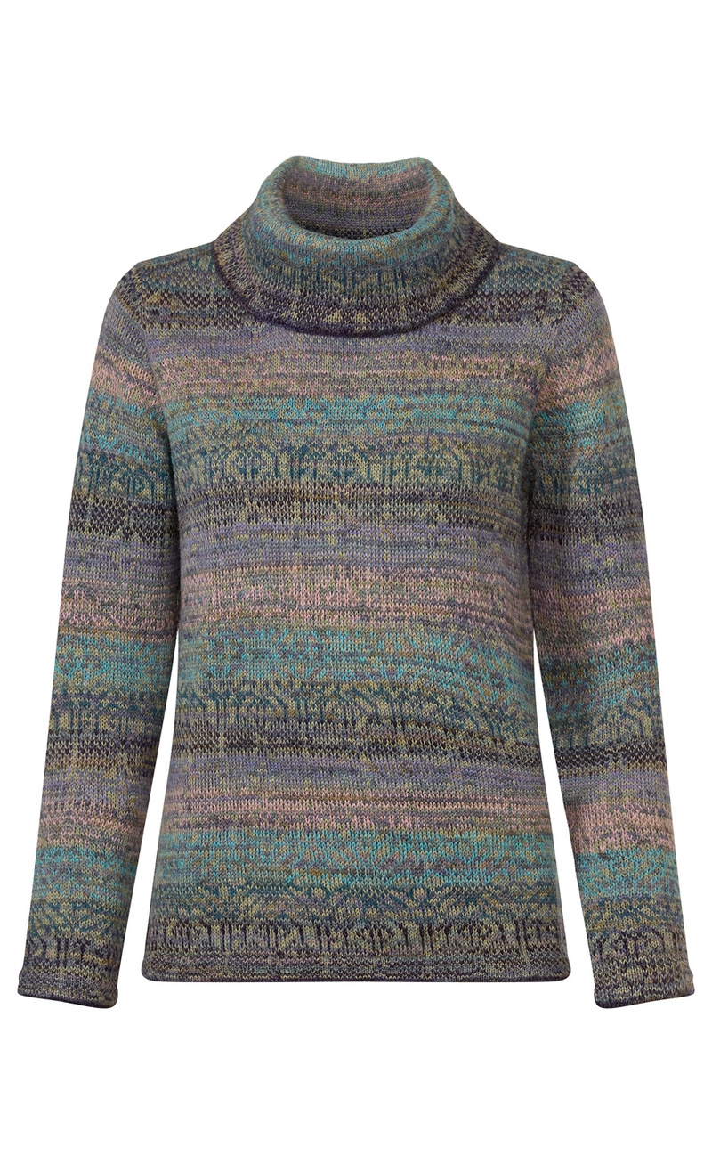 Gemusterter Alpaka-Pullover mit Rollkragen, langer Arm, in gedeckten Farben wie Blau, Grün, Lila und Braun, gestrickt mit einem mehrfarbigen, dezenten Streifen- und Strukturmuster, sportlich und warm.