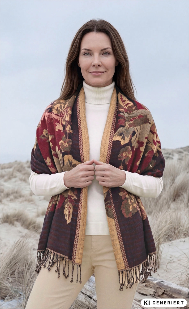 Frau trägt beigen Rollkragenpullover, beige Hose und einen Jacquard-Schal 180x70cm mit floralen Mustern in Rot-, Braun- und Gelbtönen, Hintergrund Dünenlandschaft, kaltes Licht, Schal mit Fransen am Saum