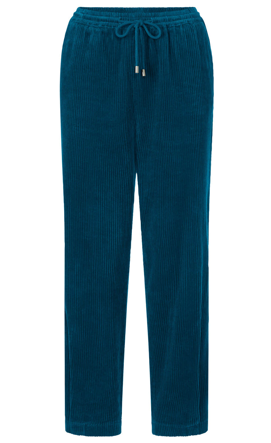 dunkelblaue Cordhose in geradem Schnitt mit elastischem Bund und Kordelzug, Feinkord-Struktur, lange Beine, einfache Manschetten, keine weiteren Verzierungen