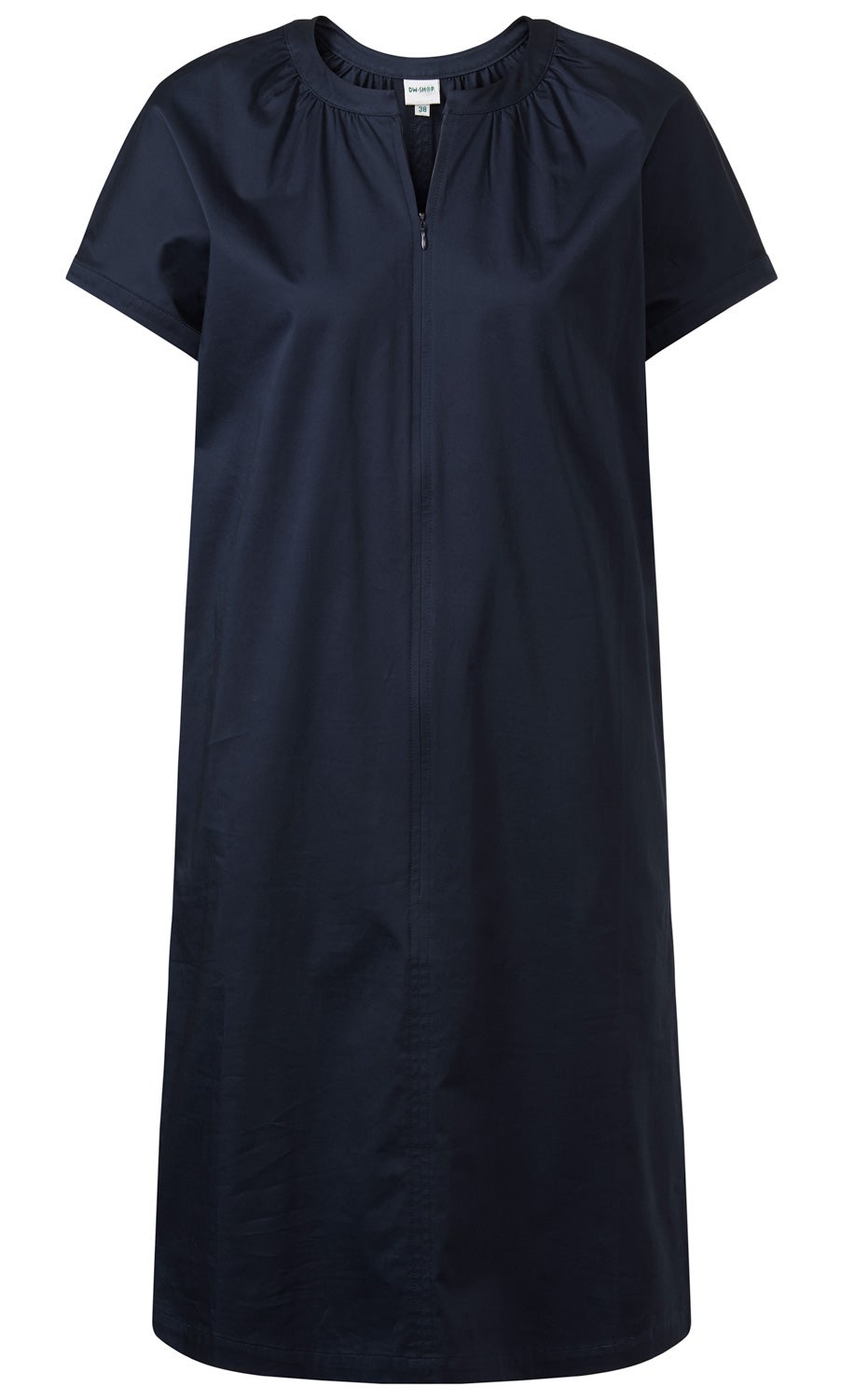 Dunkelblaues Baumwoll-Mix-Kleid mit kurzen Ärmeln, rundem Ausschnitt, gerafftem Kragen und durchgehendem Reißverschluss vorne, knielang, legerer Schnitt