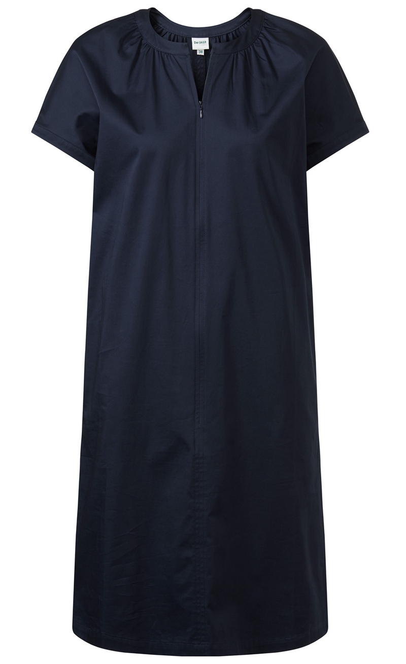Dunkelblaues Baumwoll-Mix-Kleid mit kurzen Ärmeln, rundem Ausschnitt, gerafftem Kragen und durchgehendem Reißverschluss vorne, knielang, legerer Schnitt