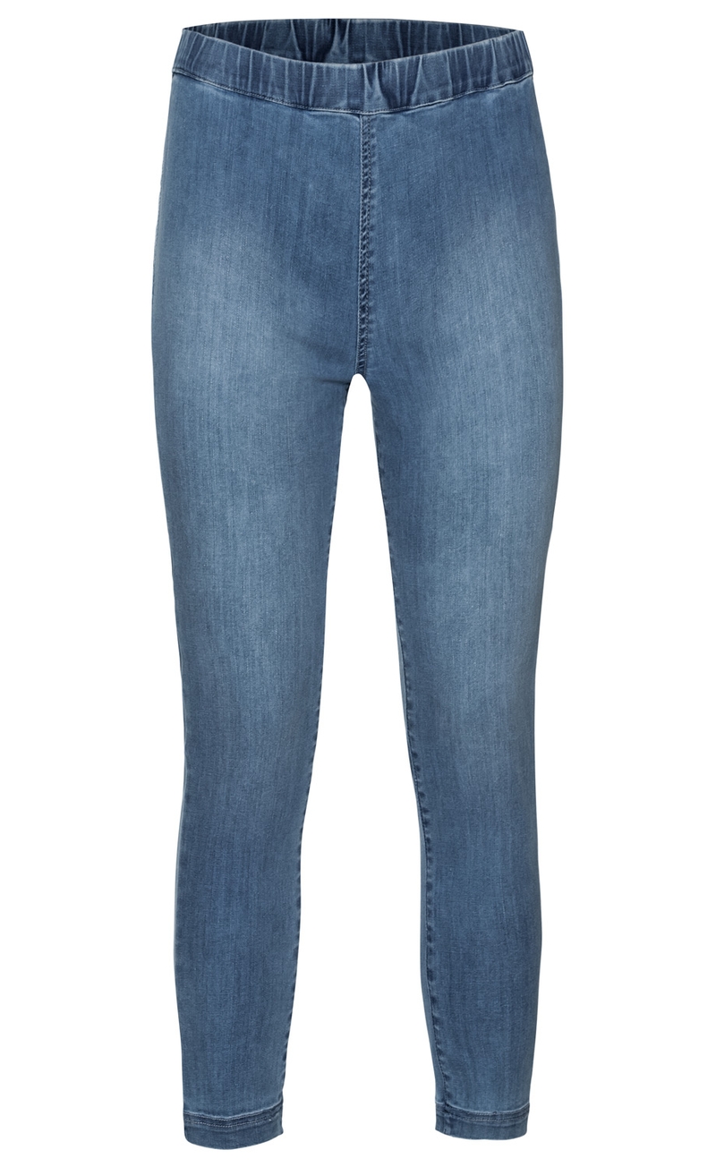 blaue Baumwoll-Hose mit elastischem Bund, eng anliegend, ohne Taschen, mittlere Länge, glatter Stoff mit leichtem Denim-Effekt, gerade geschnitten, keine sichtbaren Verschlüsse