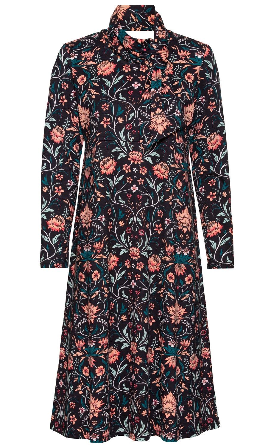 Baumwoll-Mix-Kleid mit langem Arm, schwarzem Grund, floralem Muster in Rosa, Pfirsich und Grün, asymmetrischem, drapiertem Kragen und knieumspielender A-Linie