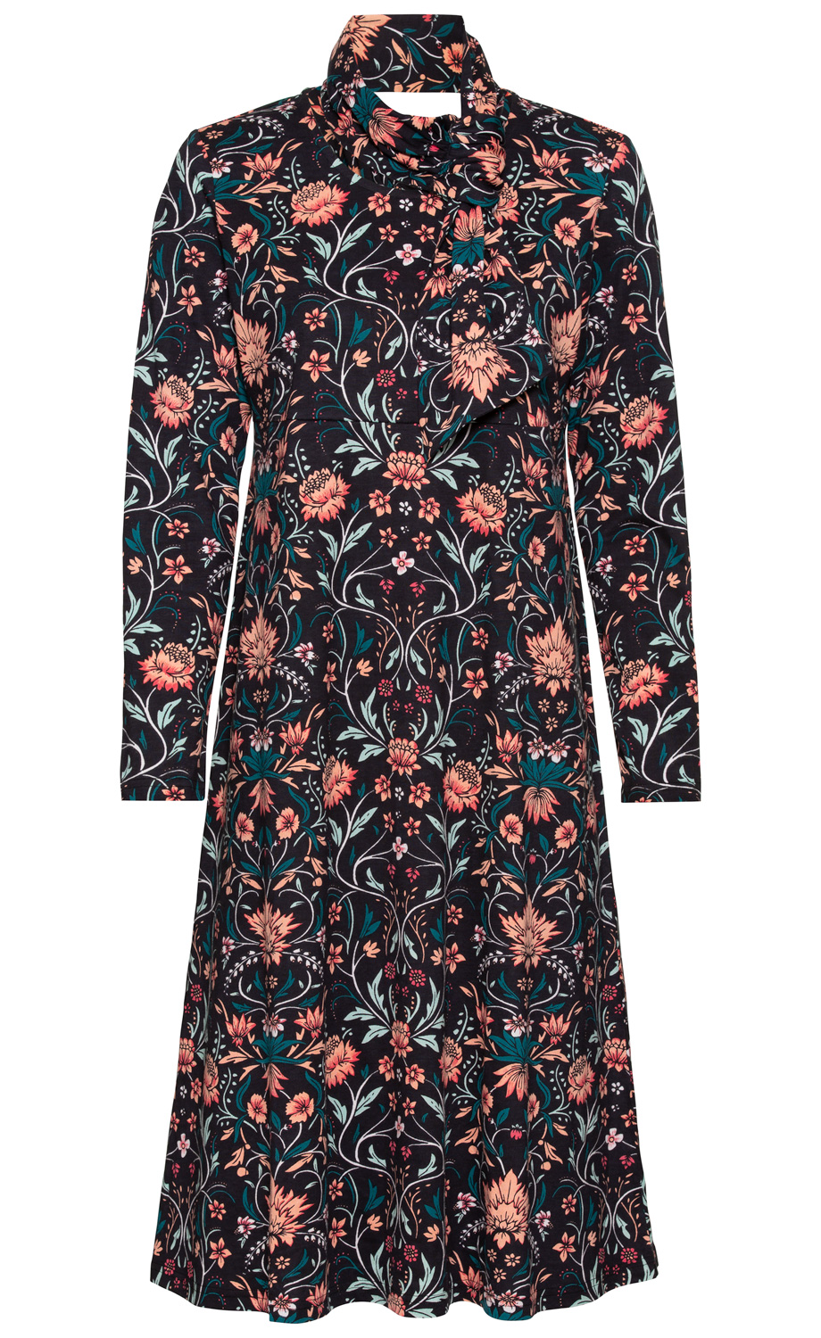 Baumwoll-Mix-Kleid mit langem Arm, schwarzem Grund, floralem Muster in Rosa, Pfirsich und Grün, asymmetrischem, drapiertem Kragen und knieumspielender A-Linie
