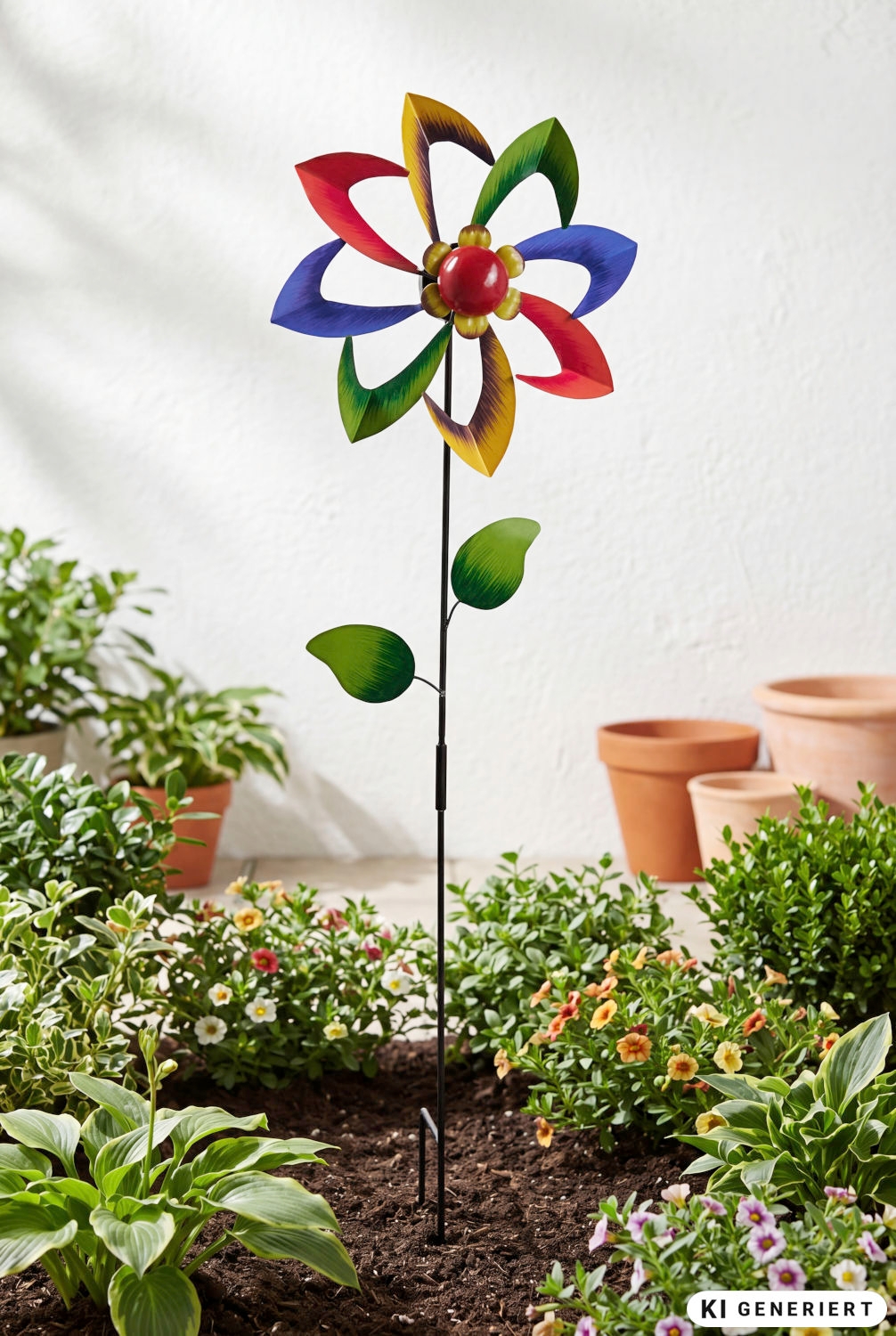 bunter Deko-Gartenstecker in Blumenform mit rot, gelb, grün und blau lackierten beweglichen Blütenblättern, grüne Blätter am schwarzen Metallstab, im Beet mit verschiedenen Pflanzen und Blumen, Terrakotta-Töpfe im Hintergrund