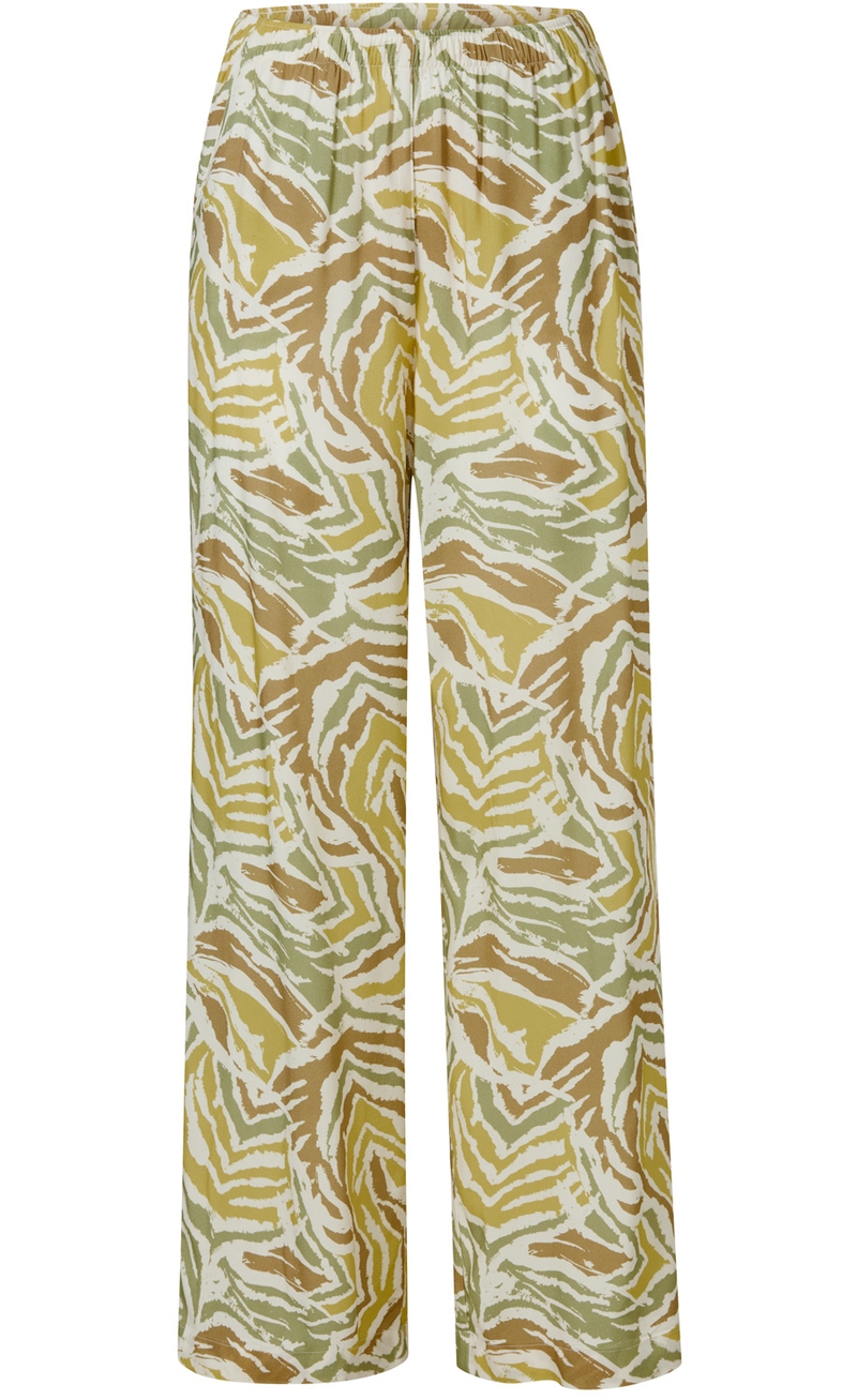 Viskose-Hose mit weitem Bein, elastischem Bund, abstraktem Muster in Beige, Olivgrün und Senfgelb auf weißem Grund