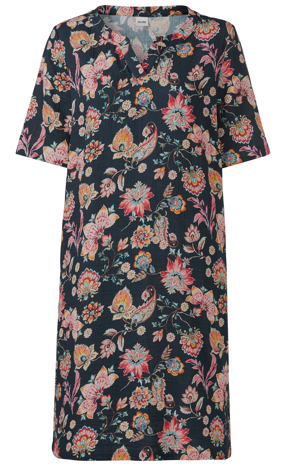Dunkelblaues Baumwoll-Kleid mit kurzem Arm, floralem Muster in Rot-, Pink- und Orangetönen, V-Ausschnitt mit kleinem Kragen, gerade geschnitten, leichte Struktur im Stoff, knieumspielend