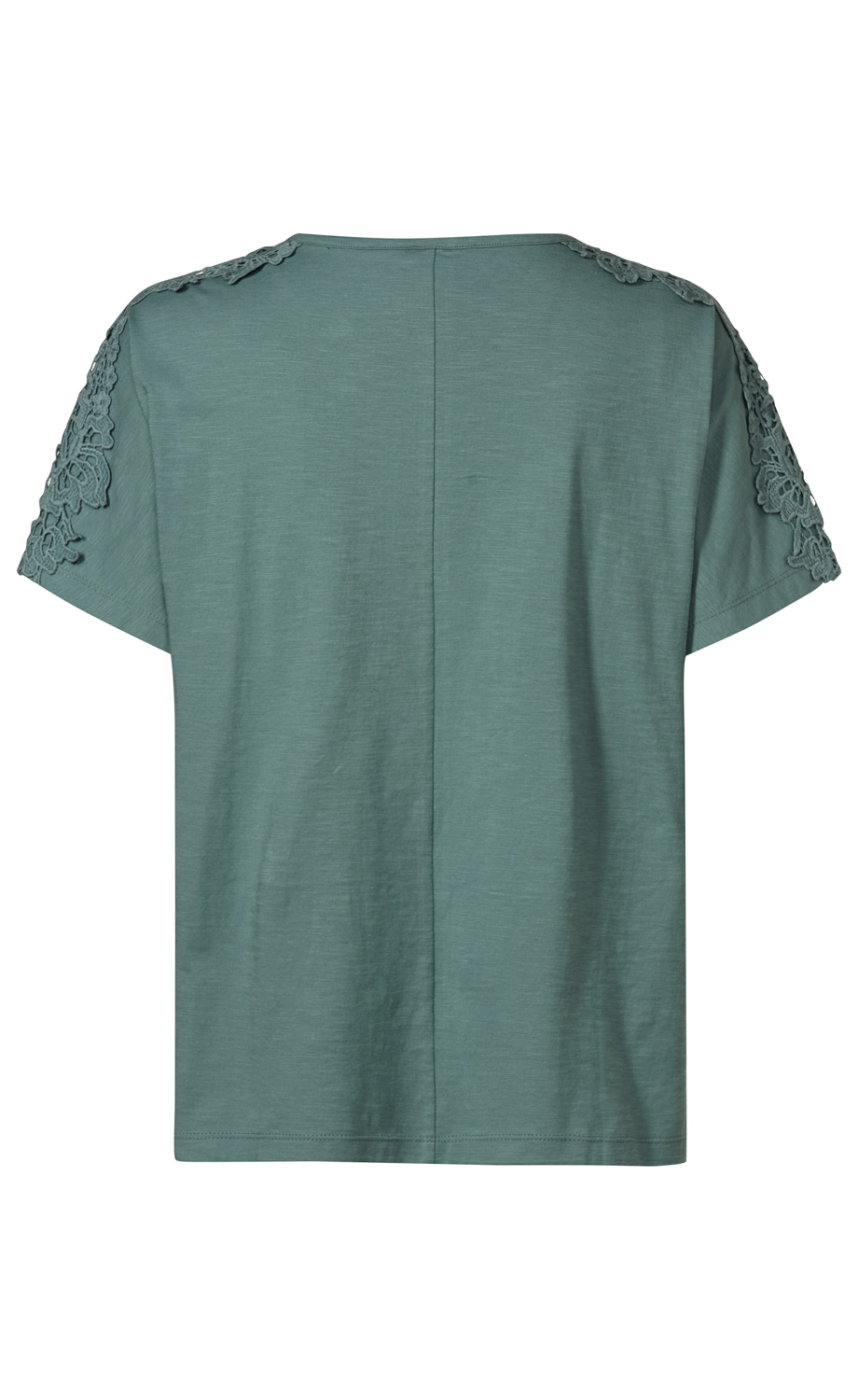 Rückansicht eines kurzärmligen, grünen Baumwoll-Shirts mit Rundhalsausschnitt und floraler Spitzenverzierung auf den Schultern, gerade geschnitten, mittige Naht auf dem Rücken, schlichtes Design