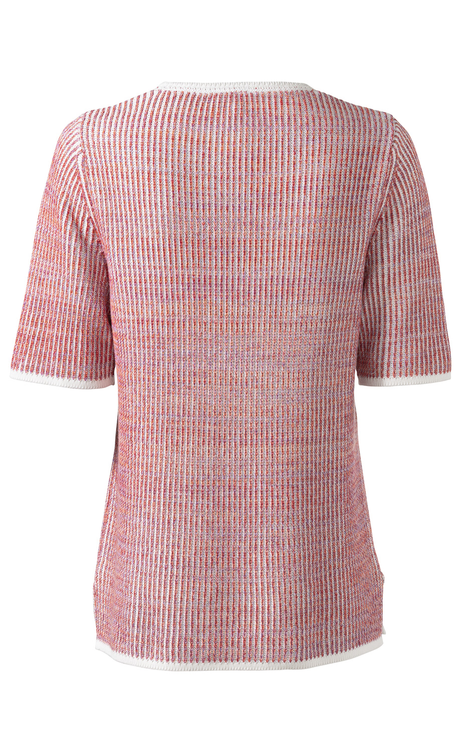 Baumwoll-Pullover Rückansicht, kurzärmlig, geripptes Strickmuster in Weiß, Rot und Orange, Rundhalsausschnitt mit weißem Saum, seitliche Schlitze, mittellange Passform