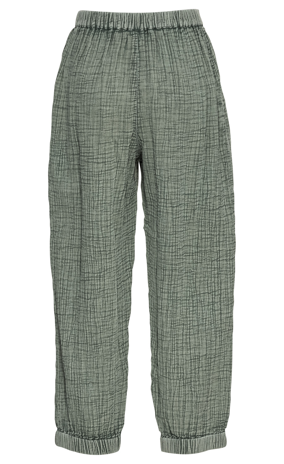 Baumwoll-Hose in Salbeigrün mit elastischem Bund und Beinenden, strukturierter, leicht geknitterter Stoff, locker geschnittene lange Hose ohne Muster, schlicht und bequem.