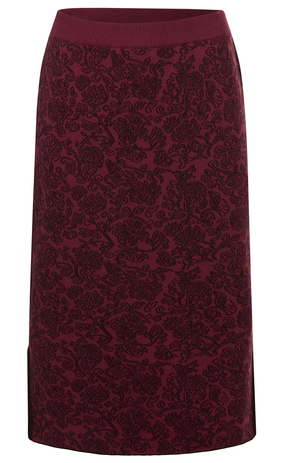 dunkelroter Baumwoll-Rock mit elastischem Bund und schwarzem Blumenmuster, knielang, gerade geschnitten, schlicht und elegant