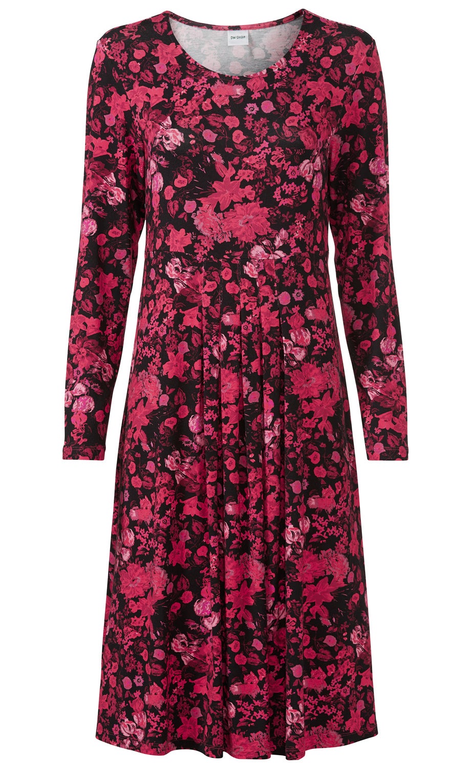 Viskose-Mix-Kleid mit langem Arm, rundem Ausschnitt, knielang, schwarz mit pinkrotem Blumenmuster, taillierter Schnitt, leichte Falten im Rockbereich, feminine und bequeme Passform