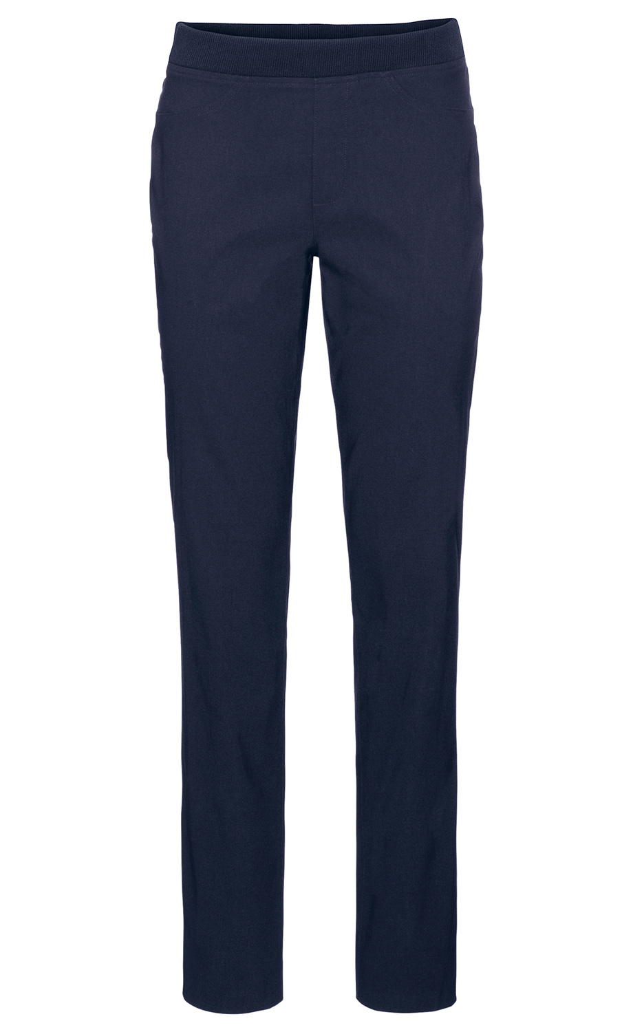 Dunkelblaue Viskose-Mix-Hose mit elastischem Bund und schmaler Beinform, ohne sichtbare Taschen oder Verschlüsse, frontale Ansicht auf weißem Hintergrund