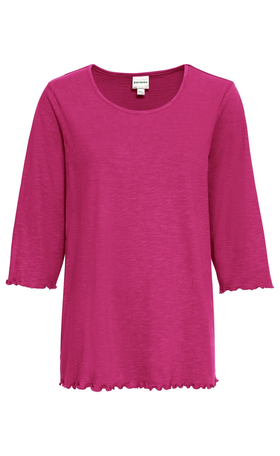 Baumwoll-Shirt in kräftigem Pink mit Rundhalsausschnitt, 3/4-Ärmeln und gewelltem Saumabschluss an Ärmeln und Bund, in Größe 36/38, schlichtes Design ohne Muster oder Aufdruck