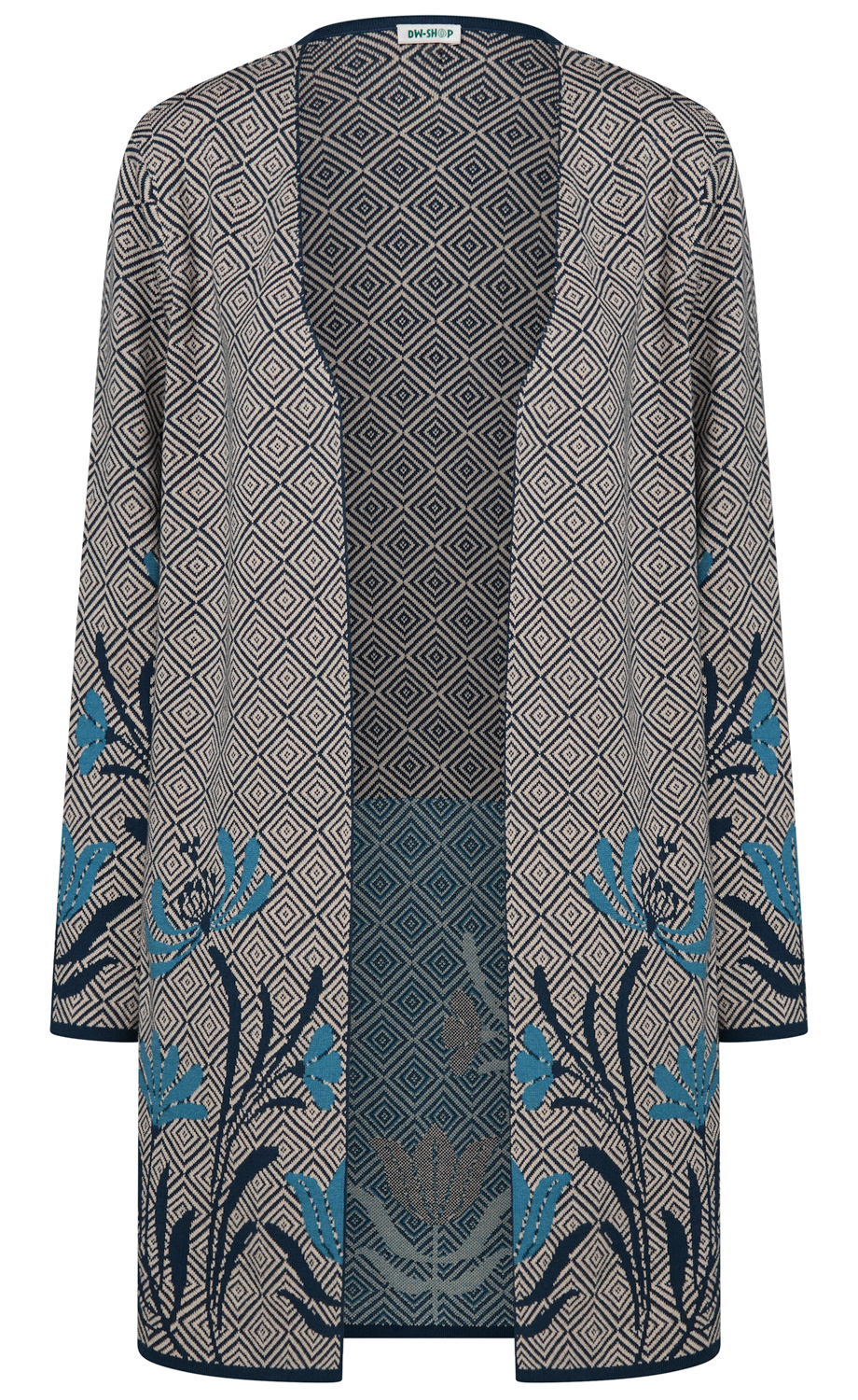 Langarm Cardigan mit geometrischem Diamantmuster in Beige und Dunkelblau, verziert mit blauen Blumenmotiven am Saum und an den Ärmeln, offen geschnitten, mittel-lange Länge
