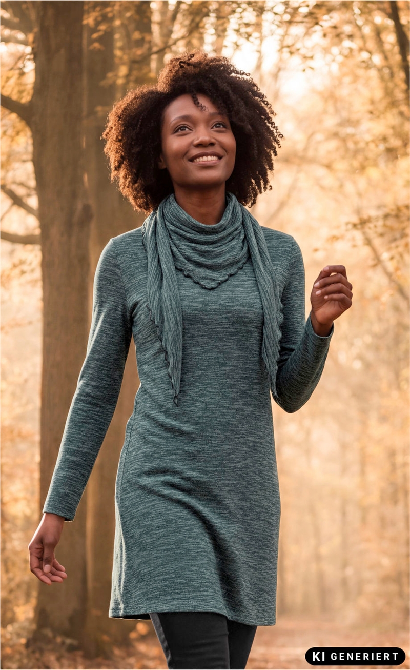 lächelnde junge Frau mit lockigem Haar trägt graues langärmeliges Kleid und Schal, Spaziergang im herbstlichen Wald mit warmem Sonnenlicht und braunem Laub im Hintergrund