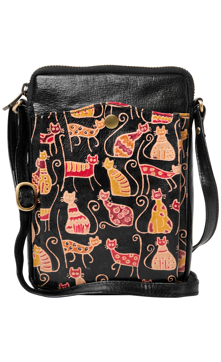 Schwarze Leder-Tasche mit verstellbarem Riemen, vordere Klappe mit buntem Katzenmuster in Rot- und Orangetönen, goldfarbener Druckknopfverschluss, rechteckige Form, kompakt und stylisch.