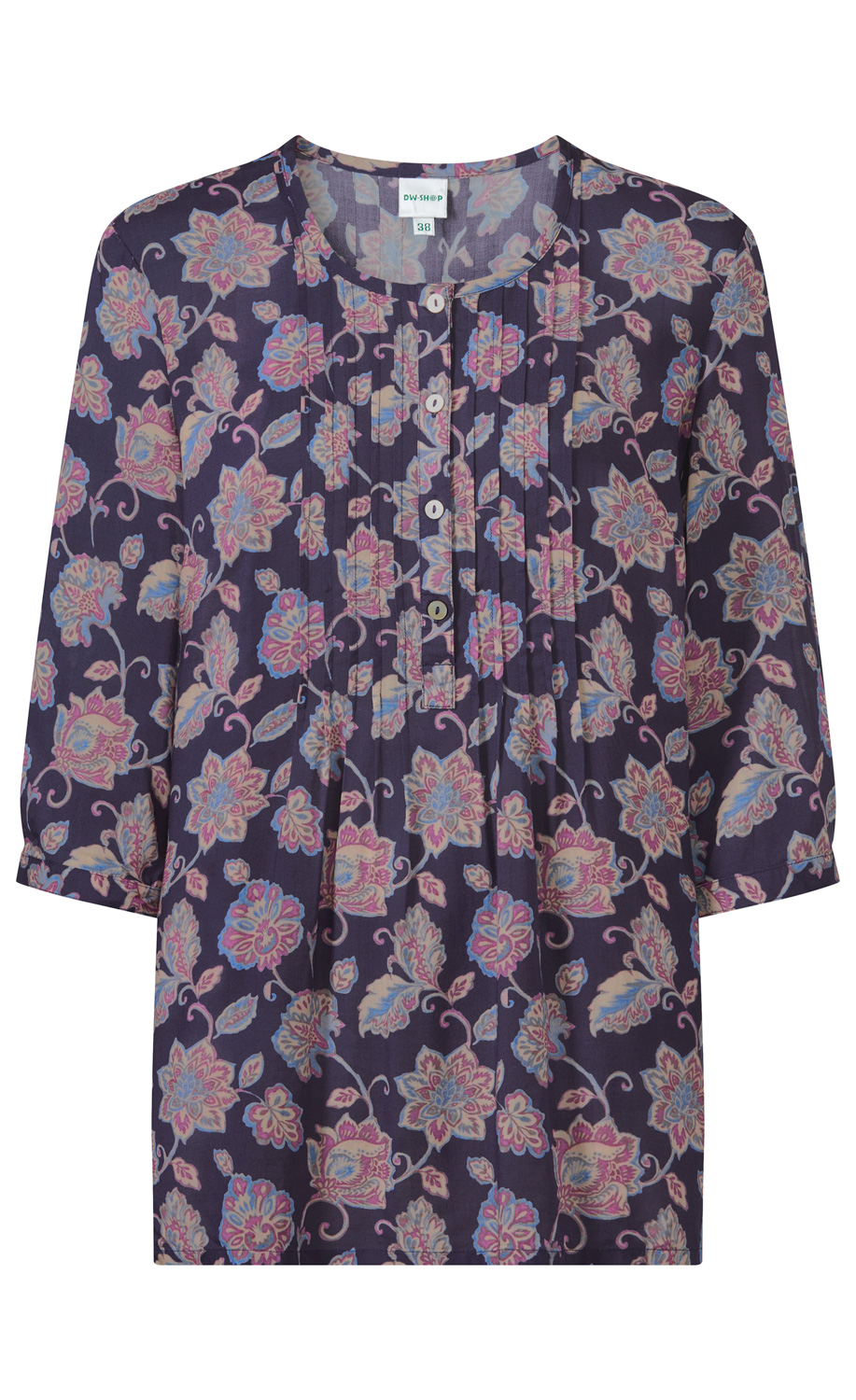Modal-Bluse aus fließendem Modalstoff mit dunkelblauem Grund, floralem Muster in Pastellfarben, Rundhalsausschnitt, durchgehender Knopfleiste vorne und 3/4-langen Ärmeln.