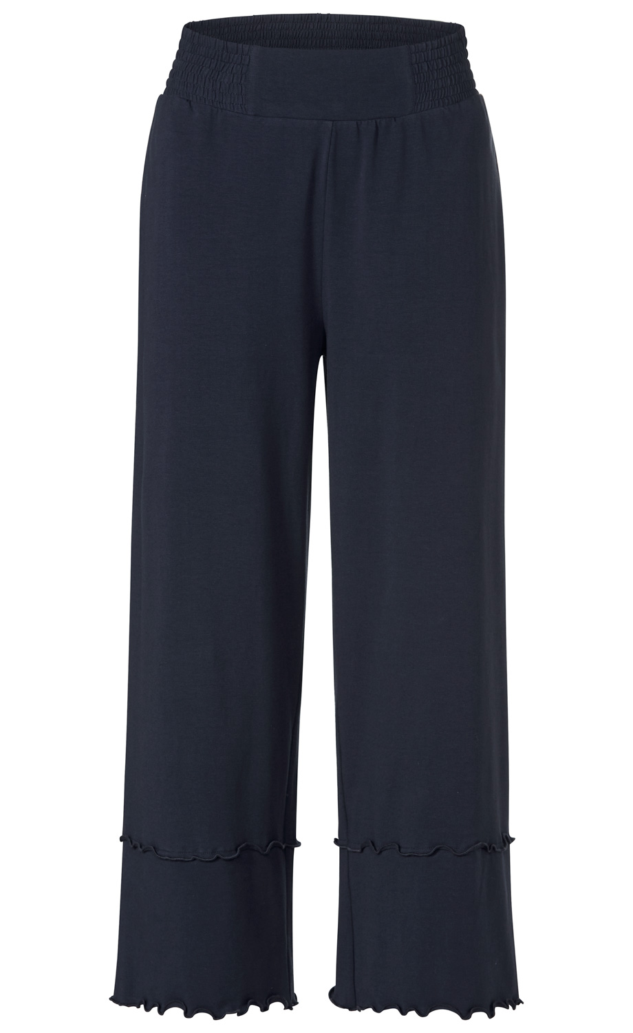 Dunkelblaue Viskose-Mix-Hose mit weitem Bein, elastischem Bund und dekorativen Rüschenkanten an den Hosenbeinen, knöchellang, schlichtes Design ohne weitere Verzierungen.
