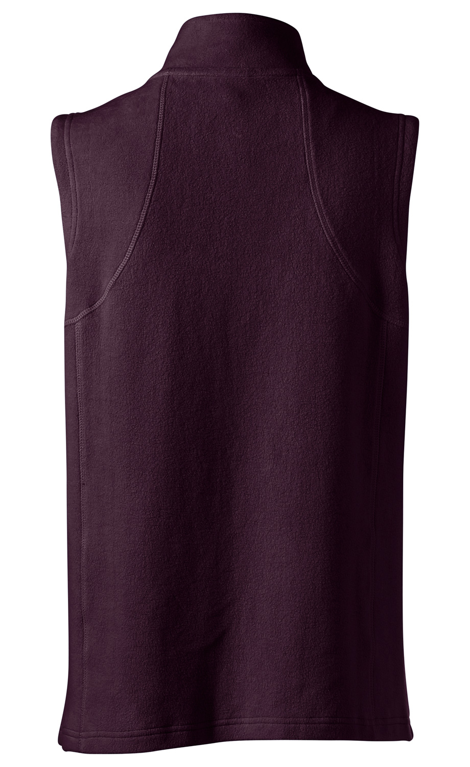 Baumwoll-Fleece-Weste in dunklem Aubergine, ohne Ärmel, mit Stehkragen, sichtbaren Nähten, glatter Oberfläche, von hinten abgebildet, schlichtes Design, mittellang