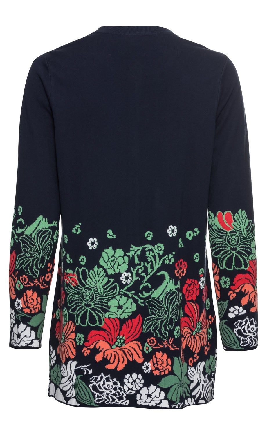 Dunkelblaue Baumwoll-Strickjacke mit langem Arm, Rückansicht, mit buntem Blumenmuster in Rot, Grün, Weiß am Saum und Ärmeln, gerade geschnitten, ohne sichtbare Verschlüsse