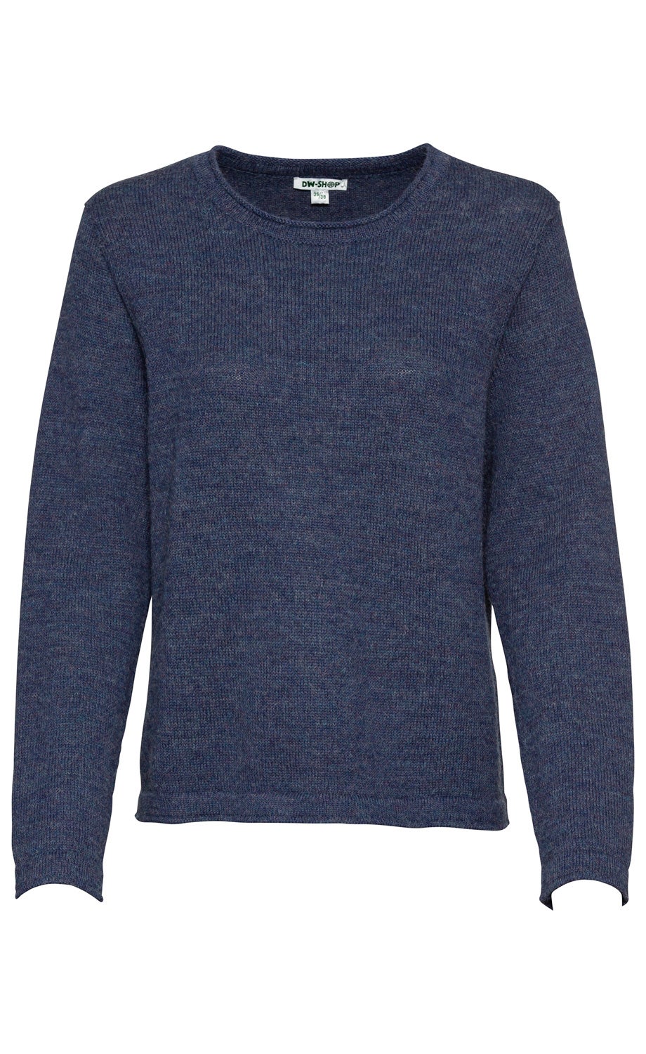 Dunkelblauer Alpaka-Pullover mit Rundhalsausschnitt, langärmlig, feine Strickstruktur, gerade geschnittener Saum, schlichter Stil ohne Muster oder Verzierungen, Label innen am Kragen sichtbar