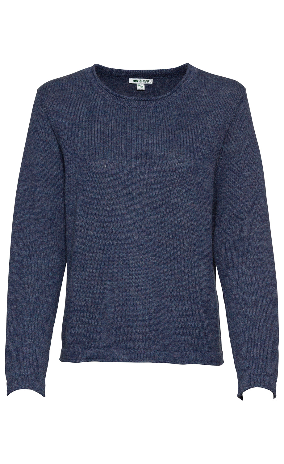 Dunkelblauer Alpaka-Pullover mit Rundhalsausschnitt, langärmlig, feine Strickstruktur, gerade geschnittener Saum, schlichter Stil ohne Muster oder Verzierungen, Label innen am Kragen sichtbar