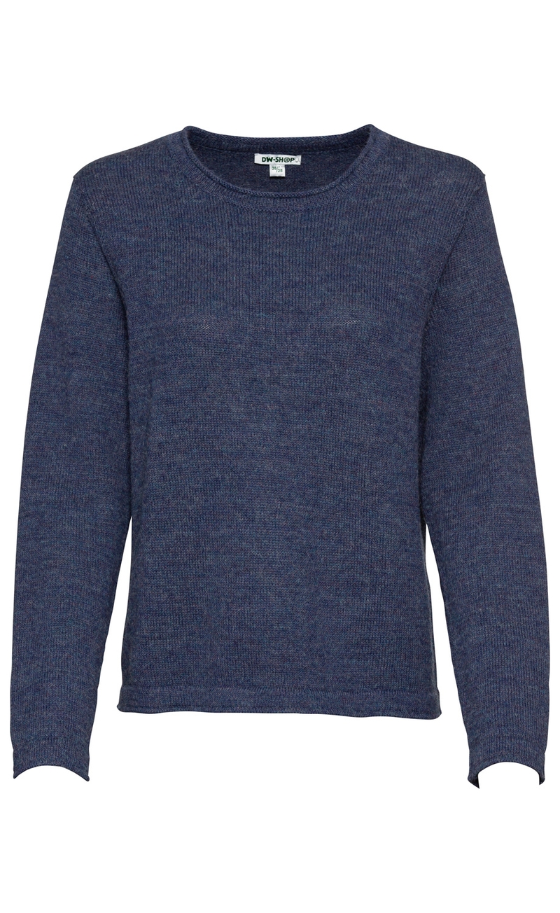 Dunkelblauer Alpaka-Pullover mit Rundhalsausschnitt, langärmlig, feine Strickstruktur, gerade geschnittener Saum, schlichter Stil ohne Muster oder Verzierungen, Label innen am Kragen sichtbar