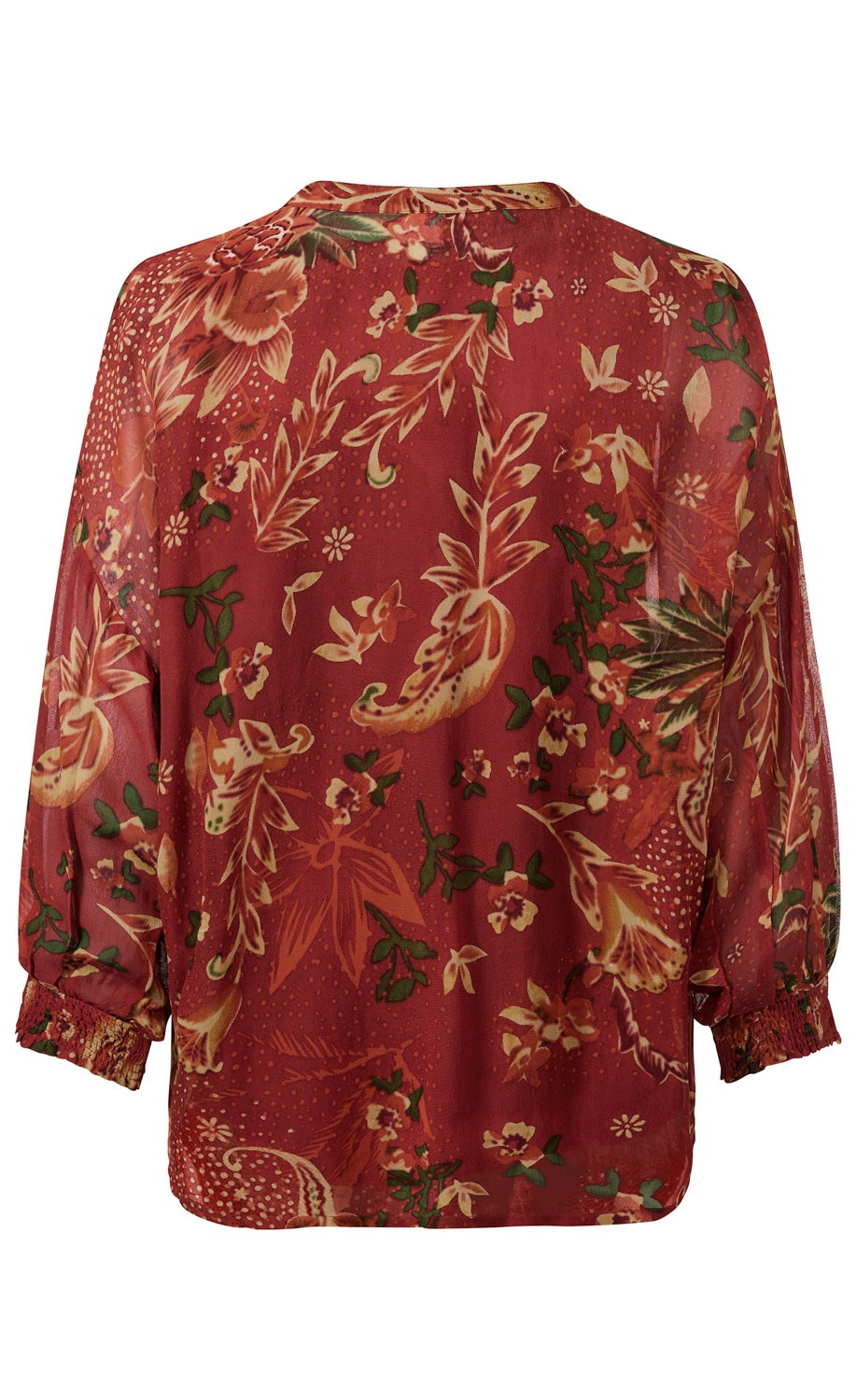 Rückansicht einer rostroten Viskose-Bluse mit floralem Muster in Beige, Grün und Orange, 3/4-langen Ärmeln mit elastischen Bündchen, lockerer Passform und leicht transparentem Stoff.