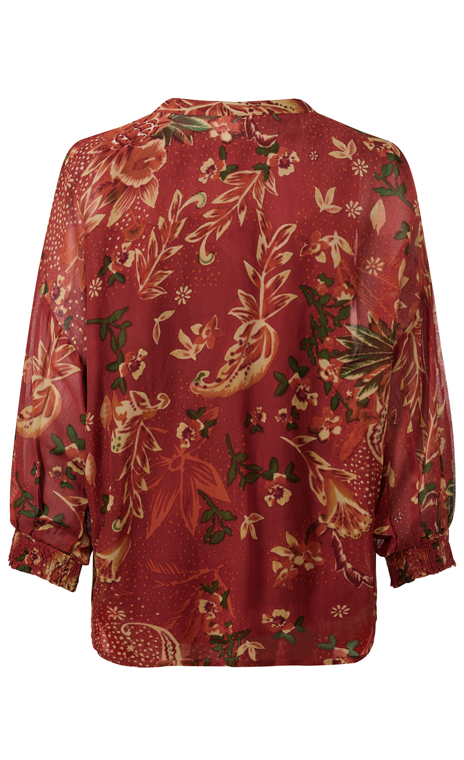 Rückansicht einer rostroten Viskose-Bluse mit floralem Muster in Beige, Grün und Orange, 3/4-langen Ärmeln mit elastischen Bündchen, lockerer Passform und leicht transparentem Stoff.