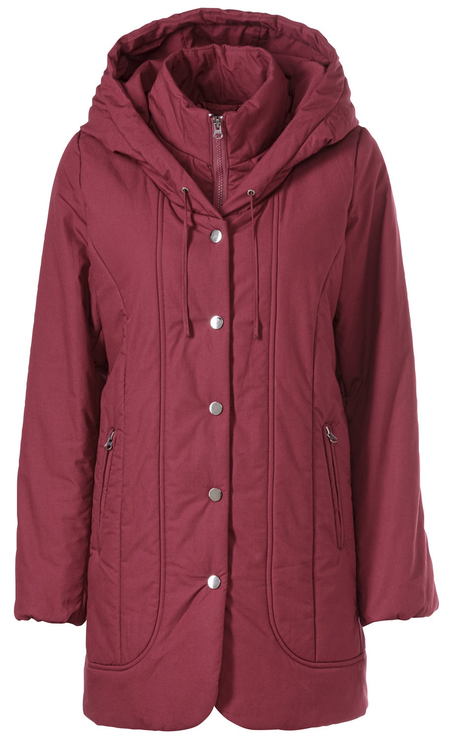 Damen-Baumwoll-Jacke in dunklem Rot mit Kapuze, durchgehendem Reißverschluss und Druckknöpfen, zwei seitlichen Reißverschlusstaschen, langen Ärmeln und Stehkragen, Steppnähte und Kordelzug an der Kapuze.