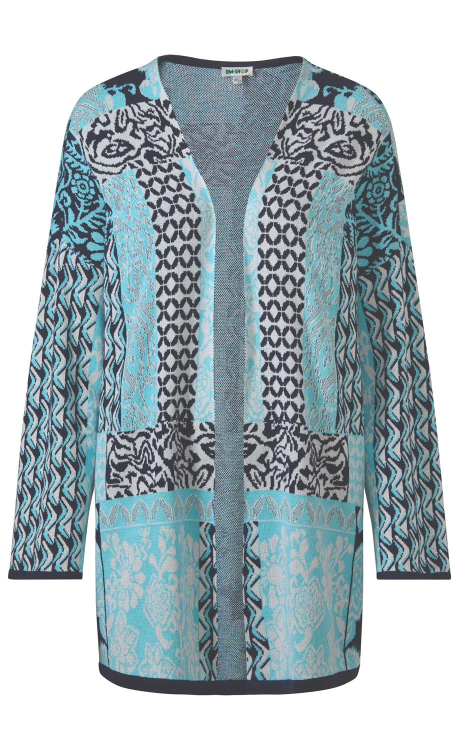 Baumwoll-Strickjacke mit offenem Schnitt, langärmlig, gemustert in Hellblau, Dunkelblau und Weiß, mit verschiedenen floralen und geometrischen Mustern, dunkelblaue Abschlüsse an Ärmel, Saum und Kragen.