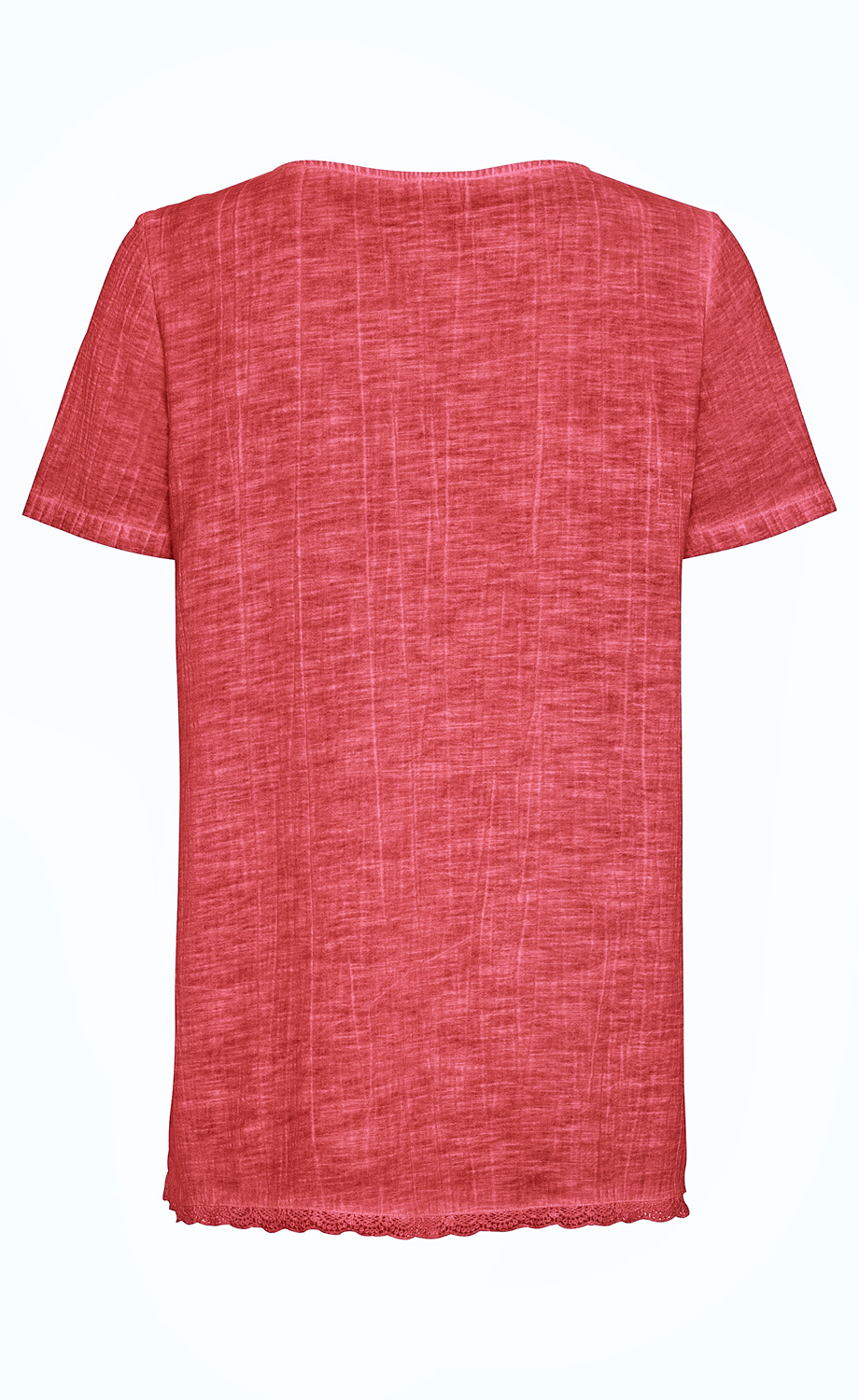 Rückansicht einer roten Baumwoll-Bluse mit kurzen Ärmeln, strukturiertem Stoff und Spitzenkante am Saum, schlicht und ohne Muster, auf weißem Hintergrund.