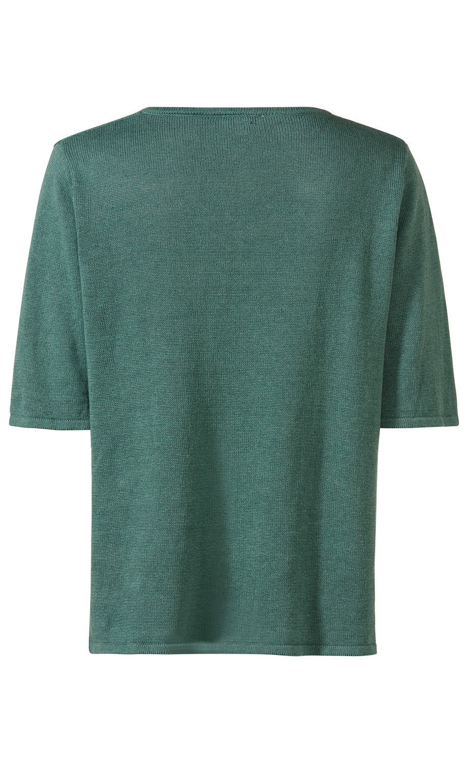 Leinen-Mix-Pullover in gedecktem Grün, kurze Ärmel, Rundhalsausschnitt, Rückansicht, leicht strukturierter Strick, gerade geschnitten, schlichtes Design ohne Muster oder Verzierungen