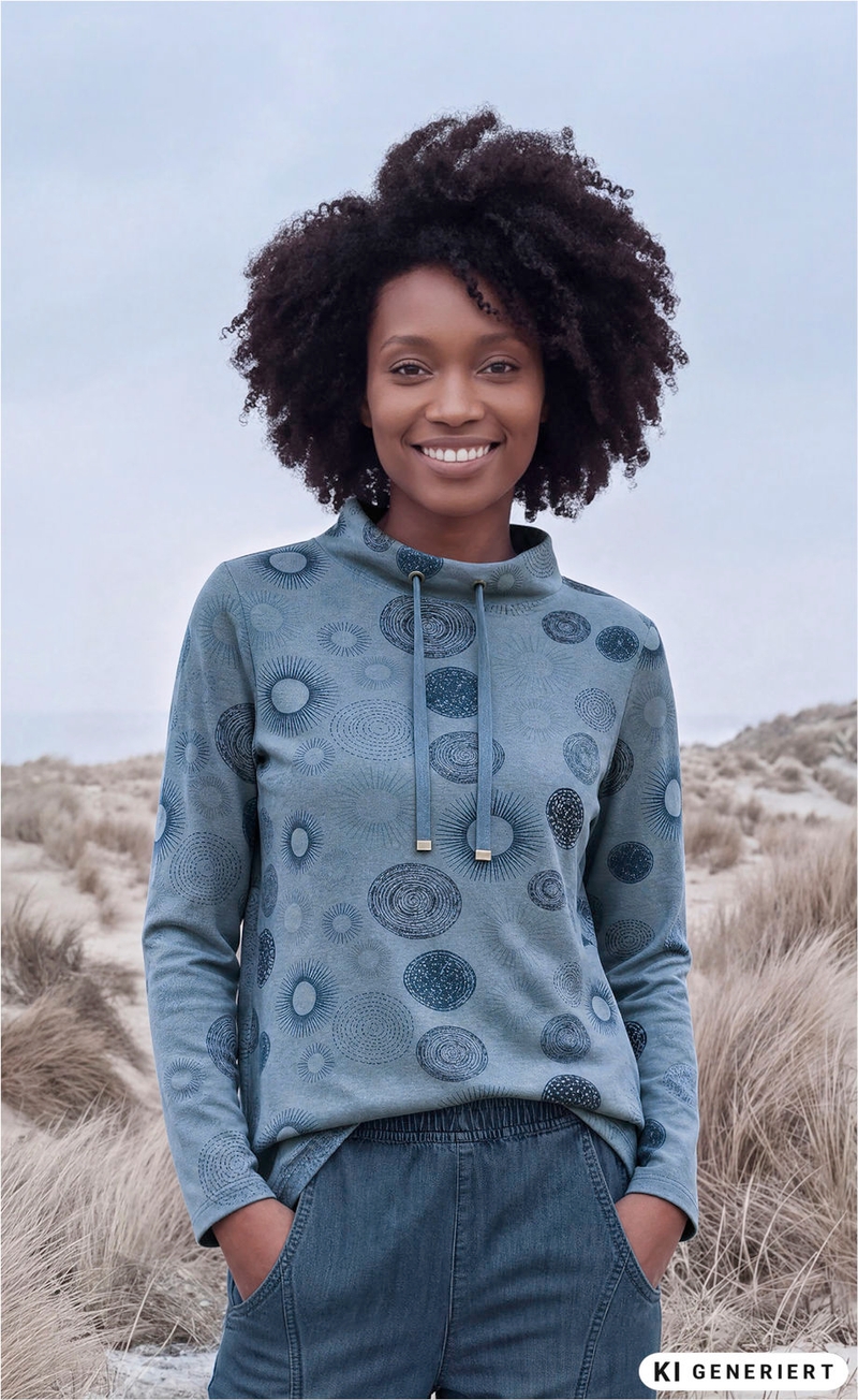 Frau mit lockigem Haar trägt blaues Baumwoll-Shirt mit langen Ärmeln und Muster aus kreisförmigen Motiven, Hände in Hosentaschen, steht in sandiger Dünenlandschaft bei bewölktem Himmel