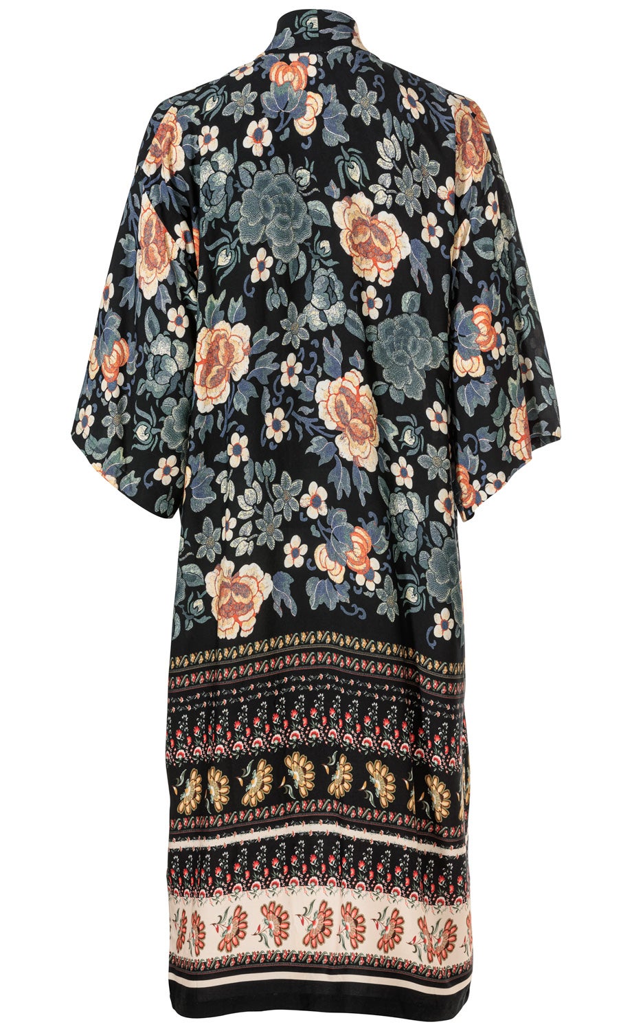 Viskose-Bluse mit floralem Muster, schwarze Grundfarbe, große bunte Blumen in Blau, Weiß und Orange, 3/4-Ärmel, Saum mit mehrfarbigen Bordüren in Rot, Beige und Grün, leichter Stoff, lockere Passform.