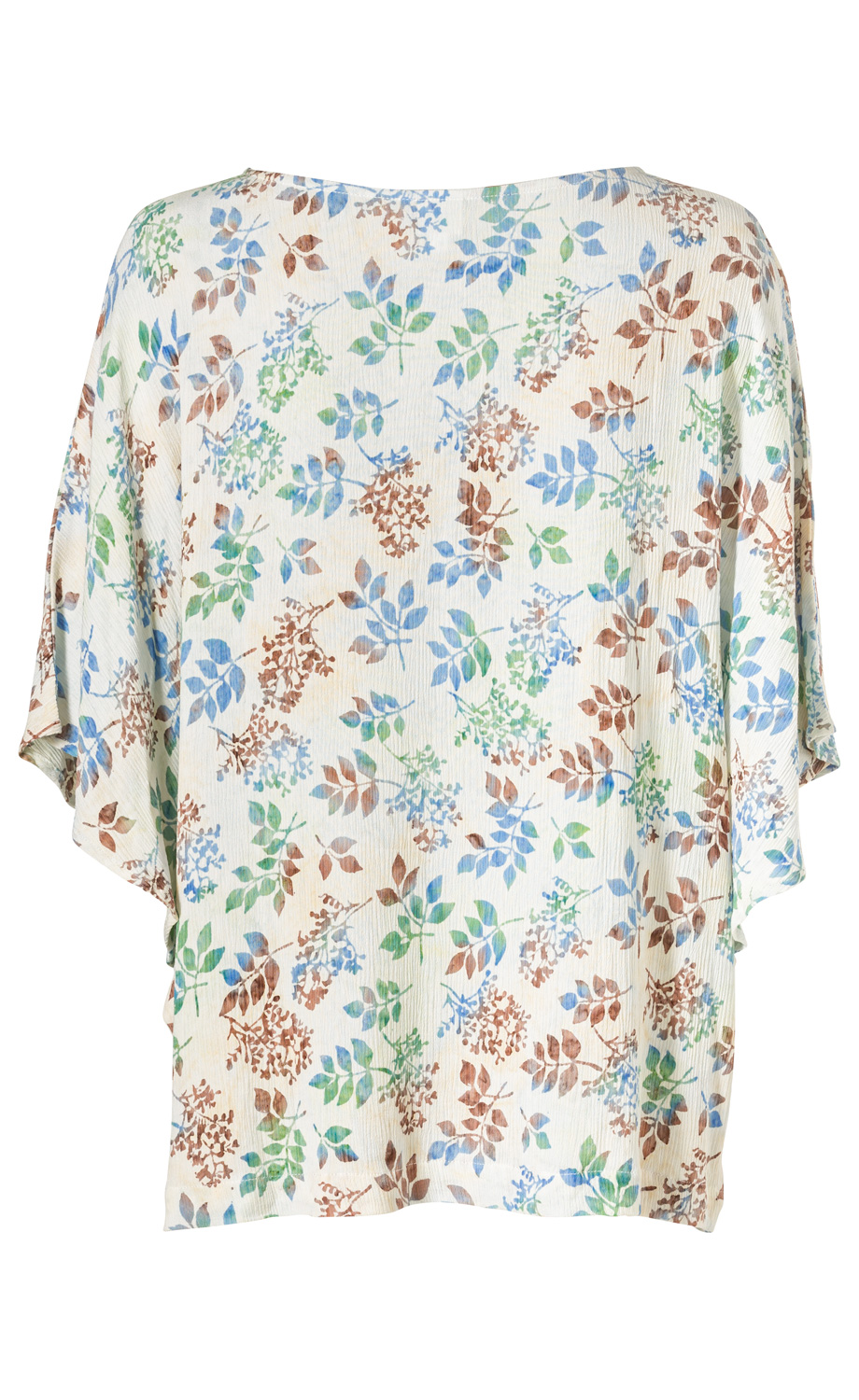 Weiß-hellbeige Viskose-Bluse mit lockerem Schnitt und halbmondförmigem Ausschnitt, bedruckt mit floralem Muster in Blau, Grün und Braun, kurzärmlig, leicht transparent, hinten fotografiert auf weißem Hintergrund.