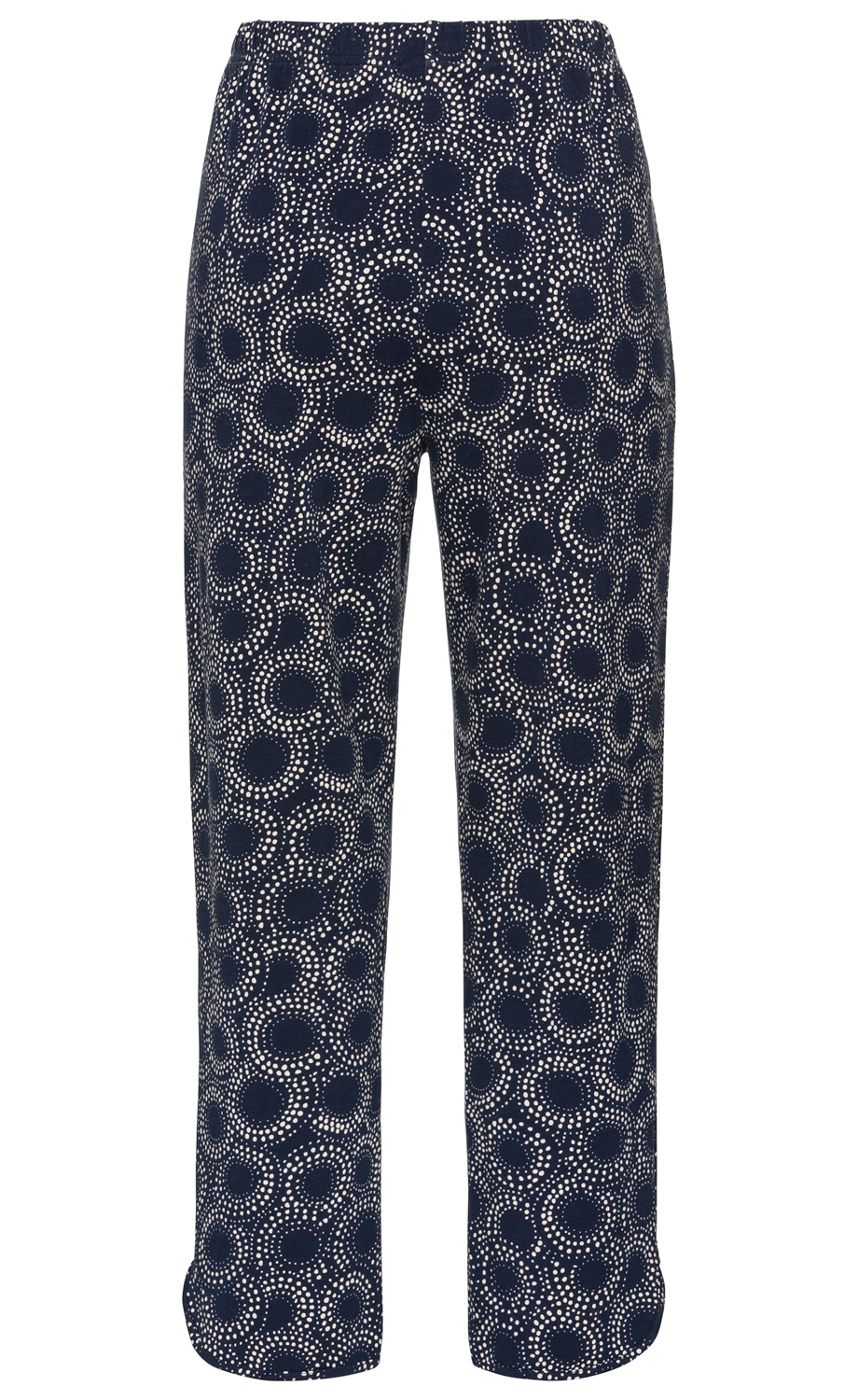 Damen-Baumwoll-Mix-Hose mit elastischem Bund, dunkelblau mit beigen Punktemustern in konzentrischen Kreisen, gerade geschnitten, knöchellang, unkompliziert und bequem