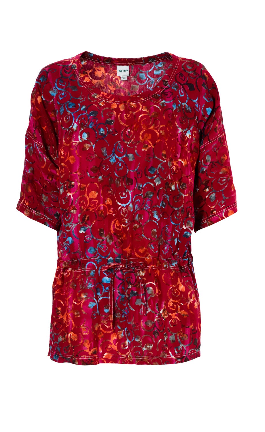 rote Viskose-Bluse mit kurzen Ärmeln, runder Ausschnitt, allover abstraktes Blumenmuster in Blau, Orange und Braun, Taillenband zum Binden, lockere Passform