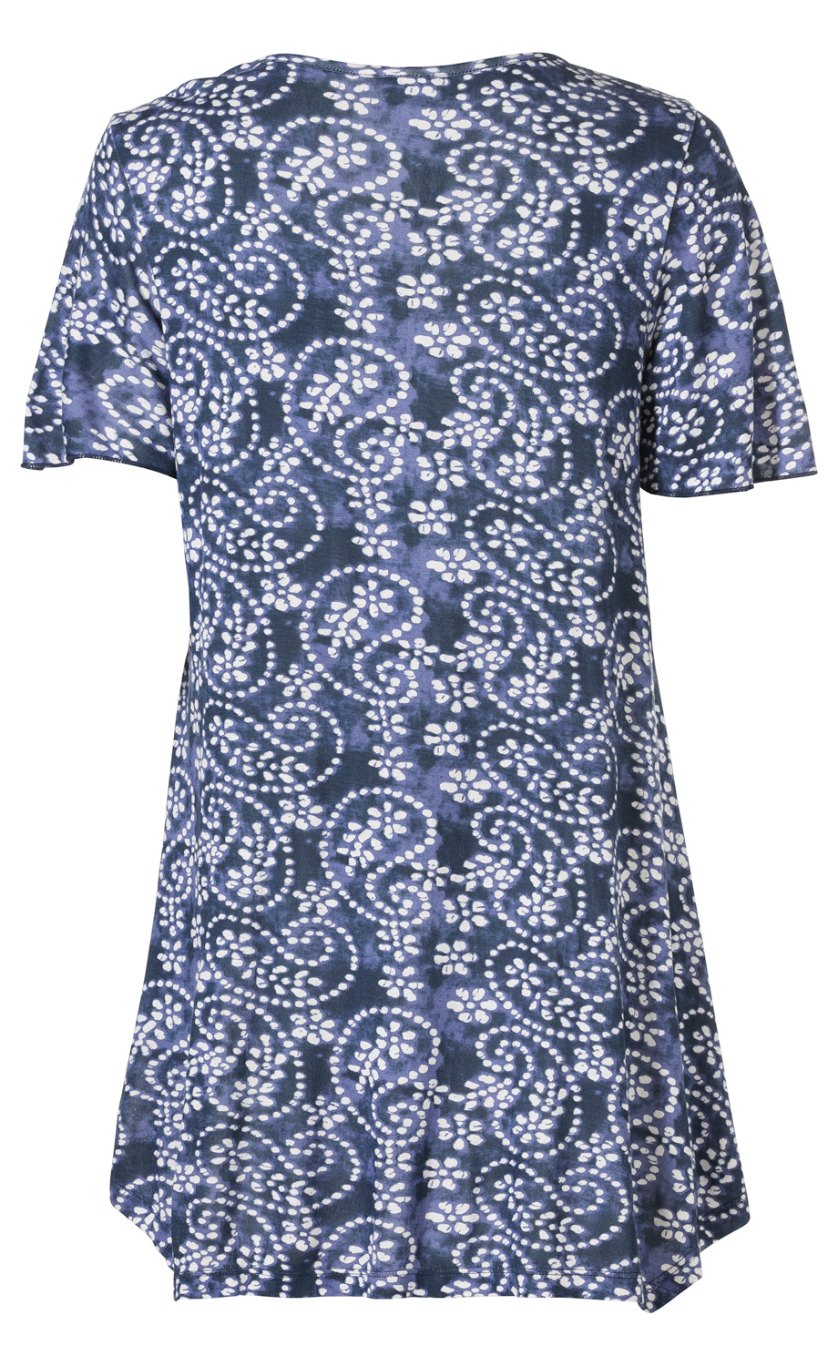 Rückansicht eines Viskose-Shirts mit kurzem Arm, dunkelblauem Grund und weißem Paisley-Muster, locker geschnitten, leichter Stoff