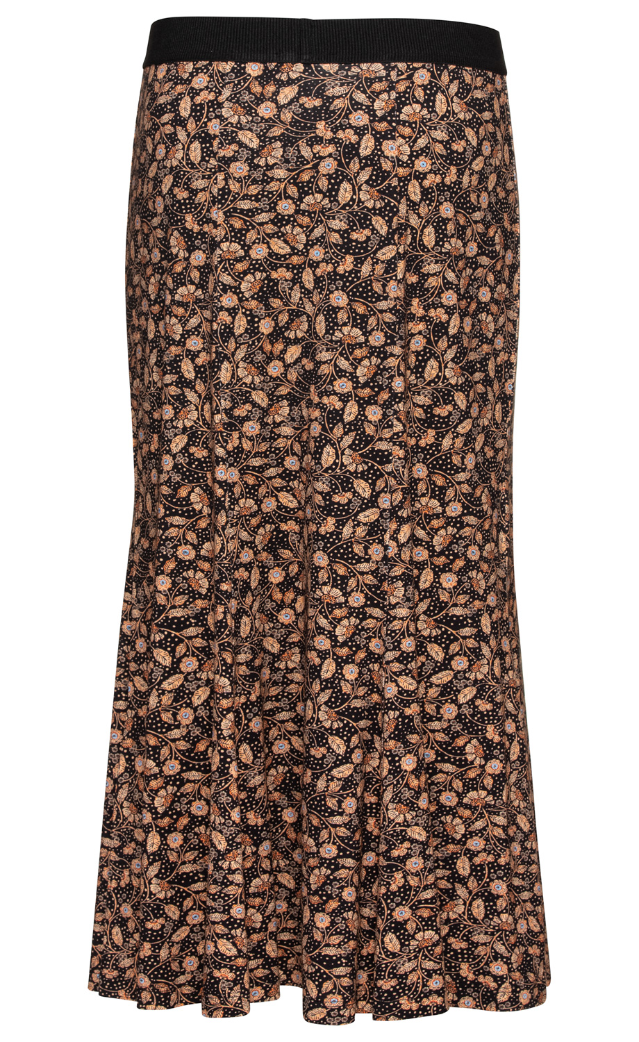 Viskose-Mix-Rock mit schwarzem Bund, ausgestellt mit dezenter Blumen- und Blattmuster in Beige und Blau auf schwarzem Hintergrund