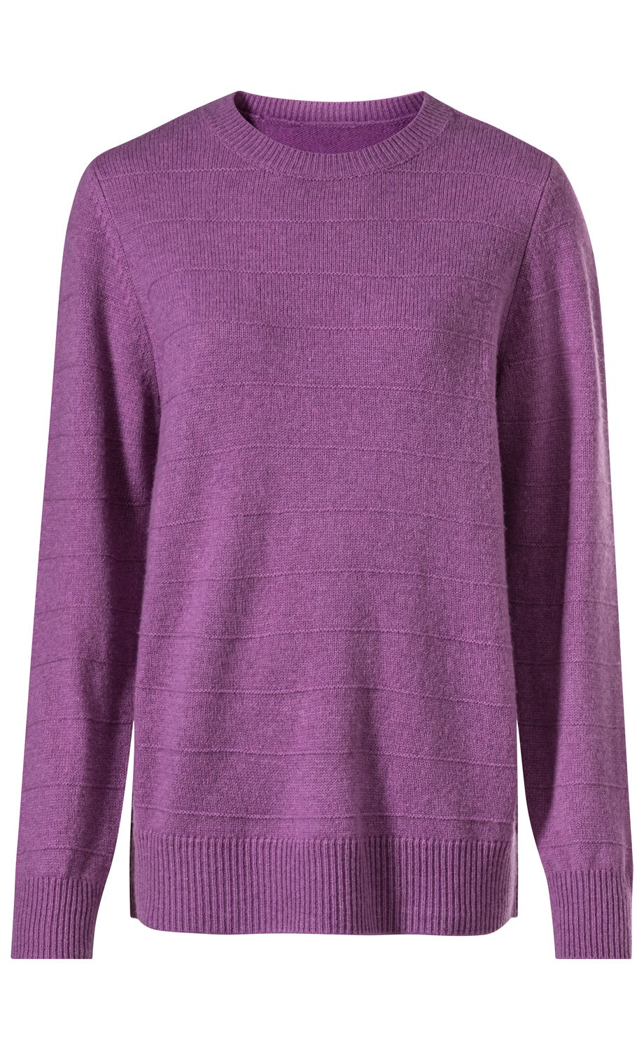 Yak-Mix-Pullover in violett mit Rundhalsausschnitt, horizontalem Strukturmuster, langen Ärmeln und geripptem Bündchen an Ärmelenden und Saum, schlichtes Design ohne zusätzliche Verzierungen.