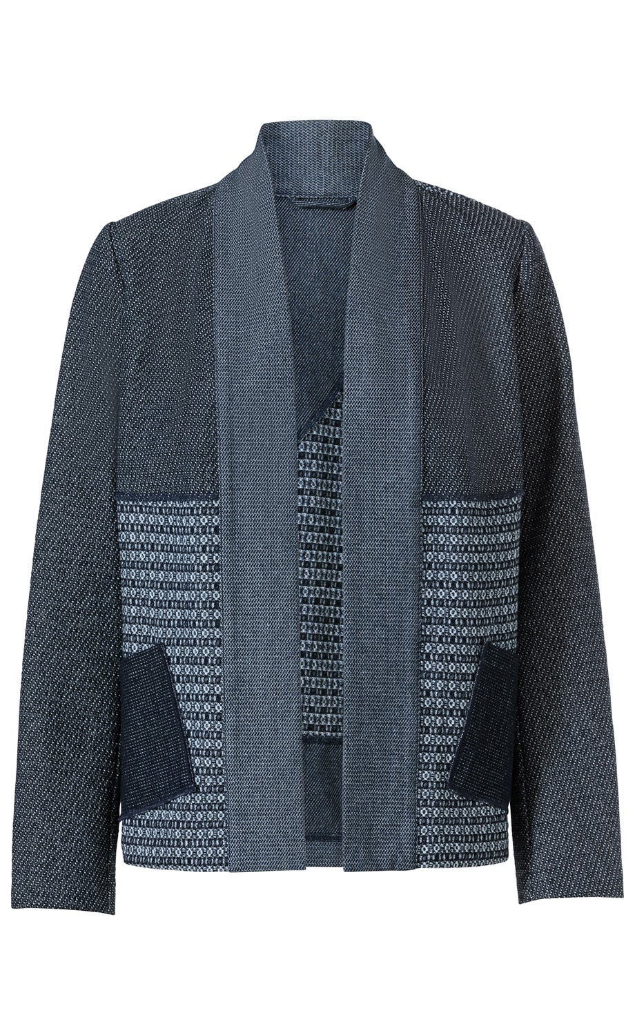 Baumwoll-Mix-Jacke in Dunkelblau mit verschiedenen Strickmustern, offenem Schal-Kragen und zwei schrägen Taschen vorne, langärmlig, ungefüttert, gerade geschnitten