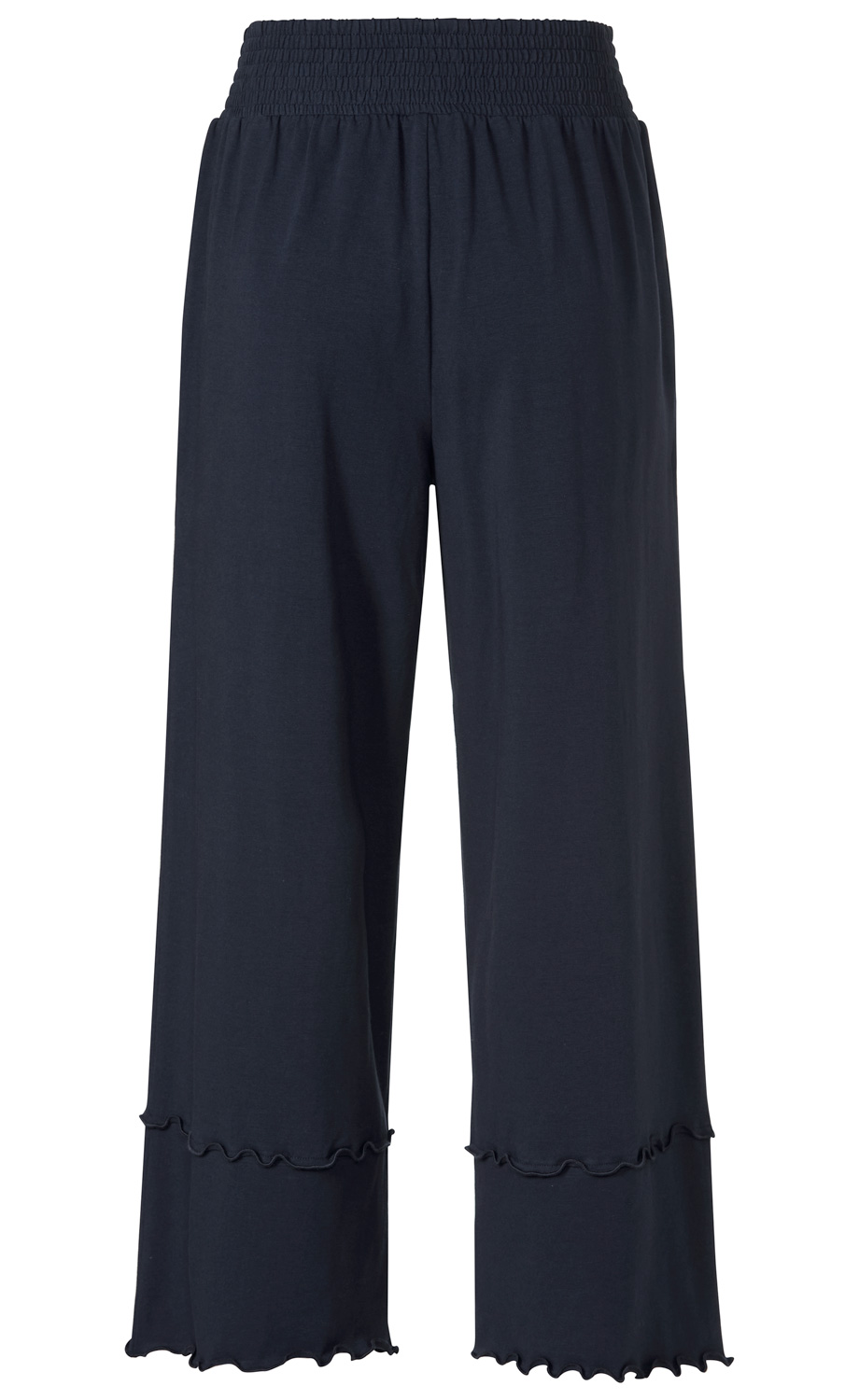 Dunkelblaue Viskose-Mix-Hose mit weitem Bein, smockbund am Taillenbund, zweistufigem Saum mit wellenförmigem Abschluss, knöchellang, lässiger Schnitt.