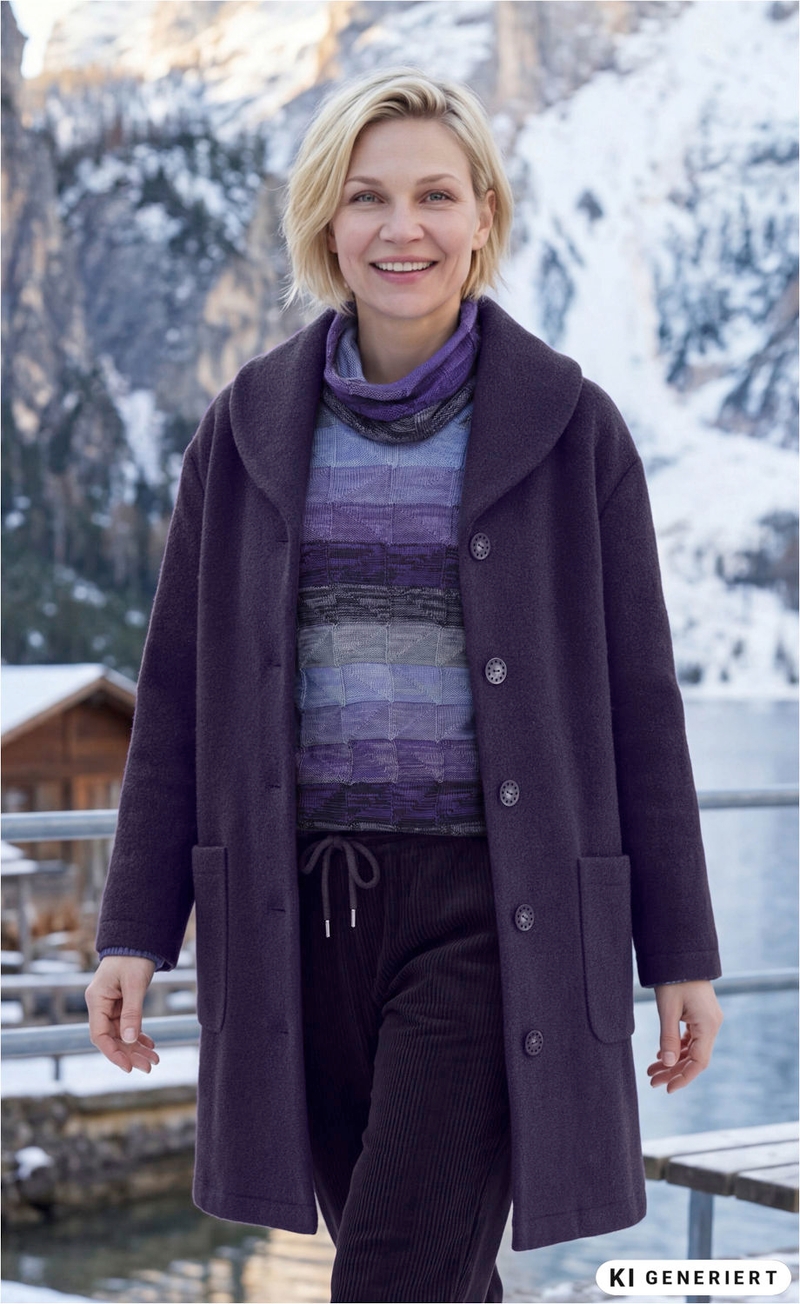 Frau mit kurzem blondem Haar lächelt, trägt violetten Mantel, mehrfarbigen Pullover und dunkle Hose, steht vor verschneiter Berglandschaft mit Holzhaus und See im Hintergrund.