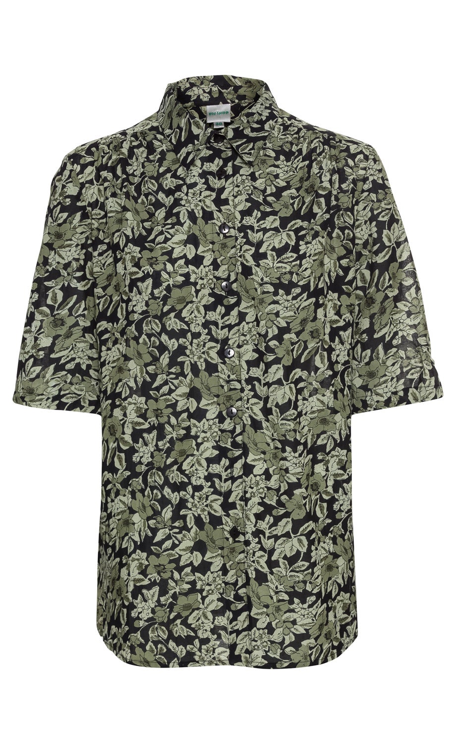 Viskose-Bluse mit kurzem Arm, schwarzem Hintergrund und grünem floralem Muster, klassischer Kragen, Knopfleiste vorne, leicht geraffte Schultern, lockere Passform.