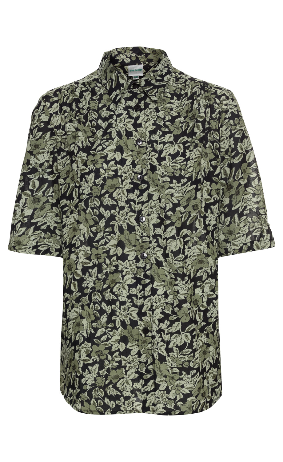 Viskose-Bluse mit kurzem Arm, schwarzem Hintergrund und grünem floralem Muster, klassischer Kragen, Knopfleiste vorne, leicht geraffte Schultern, lockere Passform.