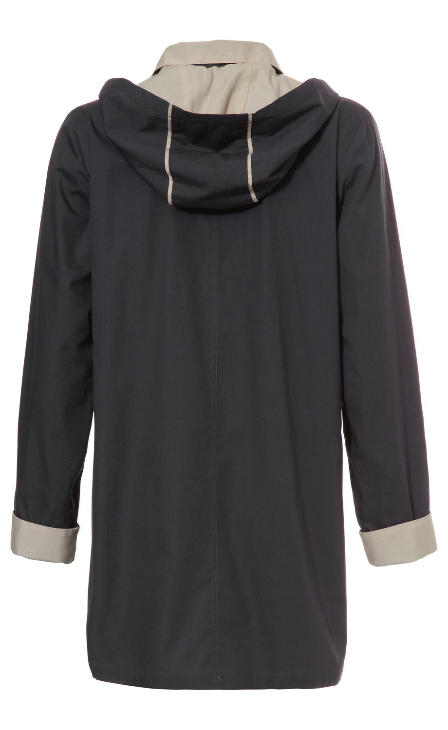 Dunkelblaue Baumwoll-Jacke mit Kapuze in Hellbeige, lange Ärmel mit hellbeigen Umschlägen, Rückansicht, mittellang, gerader Schnitt