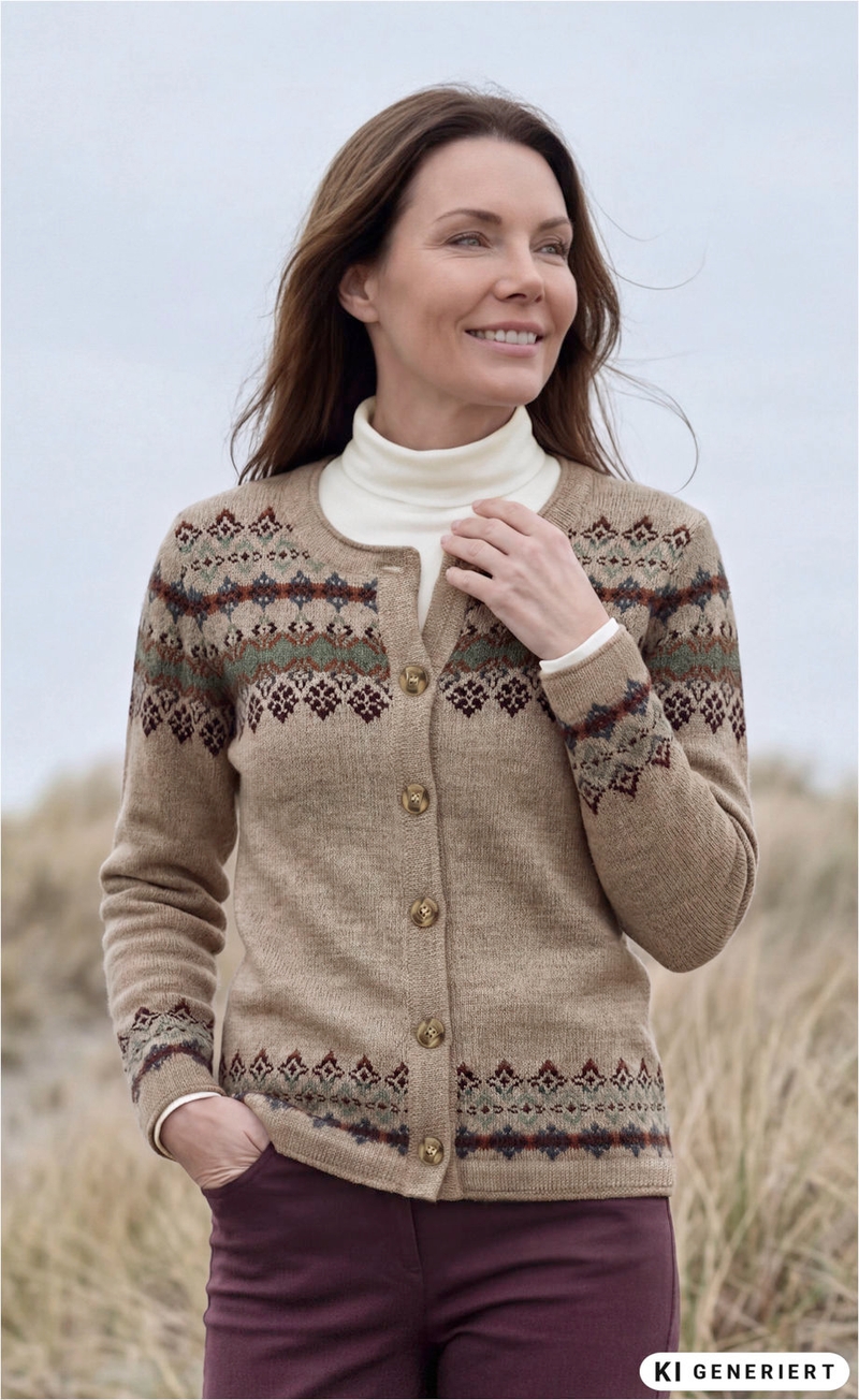Frau mit braunem, gemustertem Strickjacke, weißem Rollkragenpullover und dunkelroter Hose steht in natürlicher Umgebung mit Gras, blickt lächelnd nach rechts, eine Hand in Hosentasche, die andere am Kragen der Jacke, bewölkter Himmel