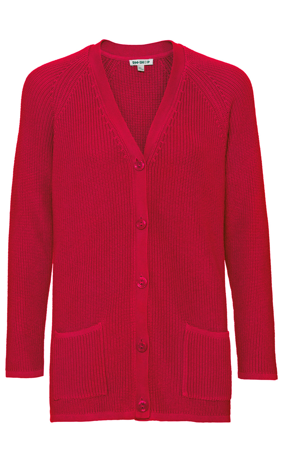 Rote Baumwoll-Strickjacke mit V-Ausschnitt, langen Ärmeln, durchgehender Knopfleiste und zwei aufgesetzten Taschen, grob gestrickt, lässiger Schnitt